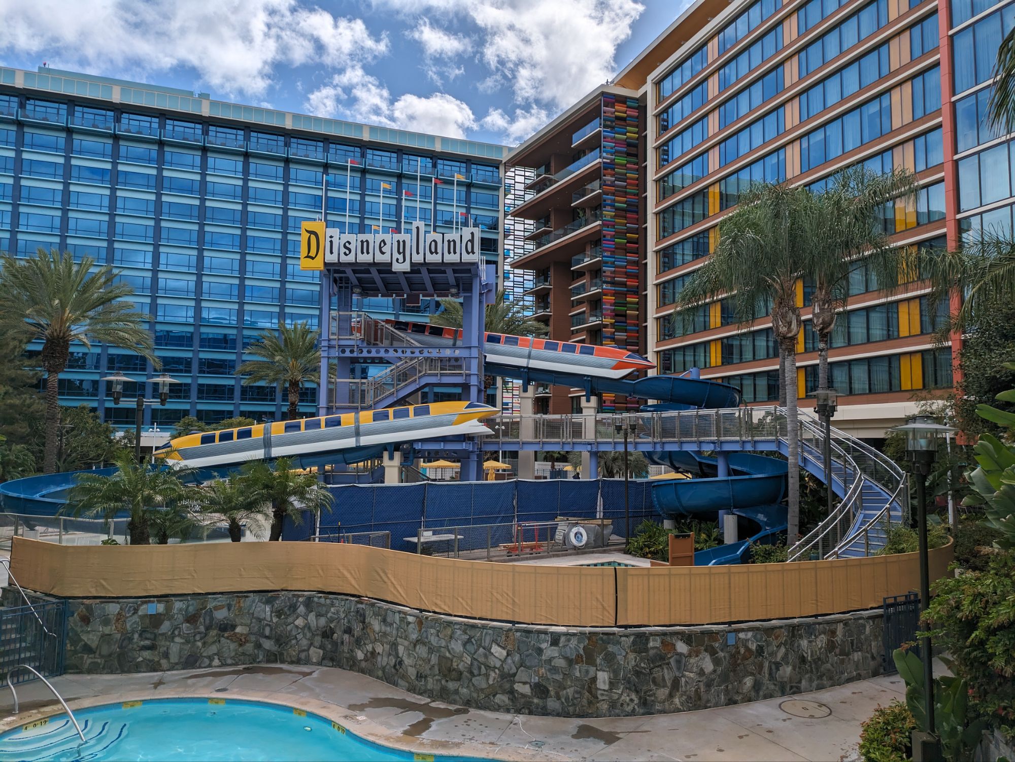 The Disneyland Hotel towers. The water slides are monorails, which makes Josh very happy.